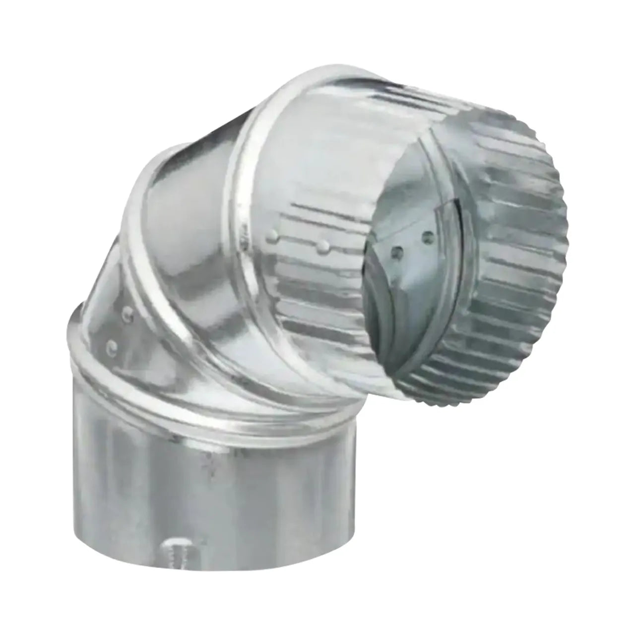 A shiny galvanized steel 4 in. 90° round adjustable elbow with ribbed ends for HVAC pipes, similar to Go Build, The Fastest Way To Builds 4 in. 90 Deg. Round Adjustable Elbow.